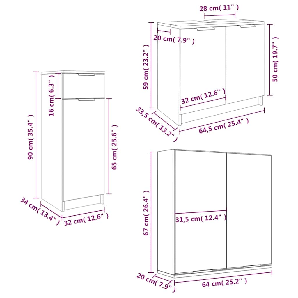 3 Piece Bathroom Cabinet Set Black Engineered Wood