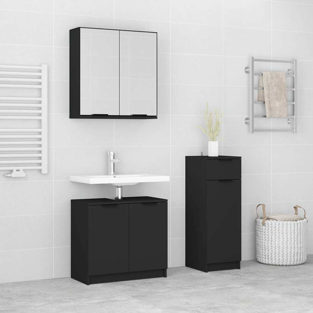 3 Piece Bathroom Cabinet Set Black Engineered Wood