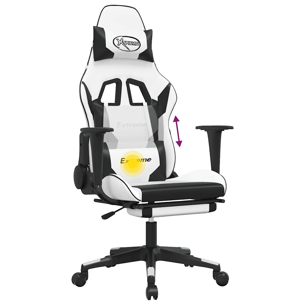 Massage Gaming Chair with Footrest White&Black Faux Leather