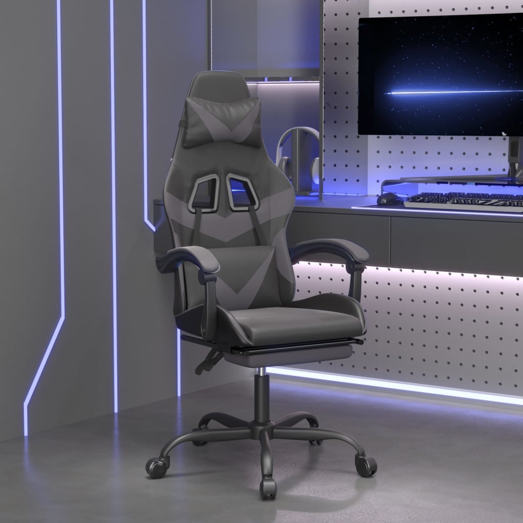 Swivel Gaming Chair with Footrest Black&Grey Faux Leather