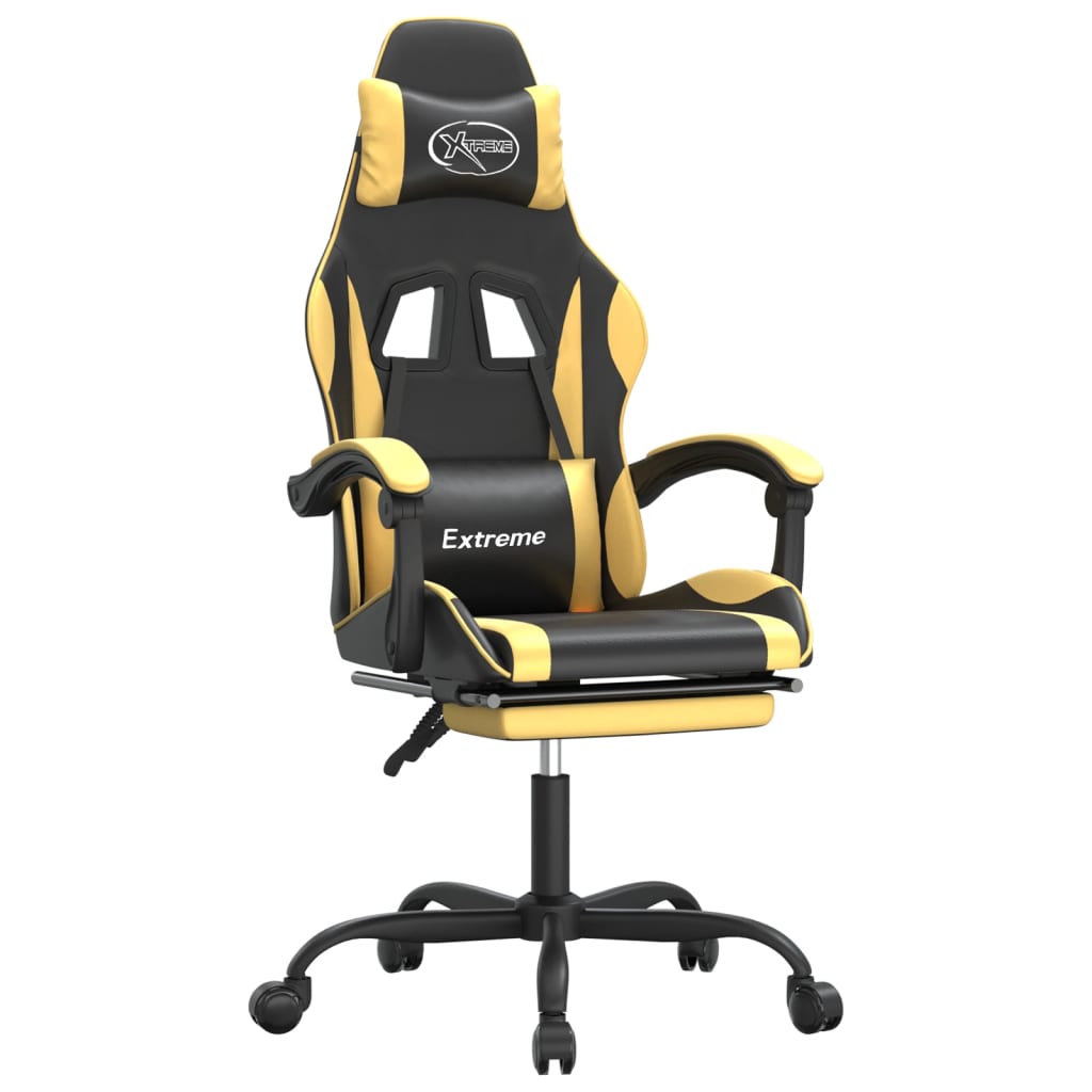 Swivel Gaming Chair with Footrest Black&Gold Faux Leather