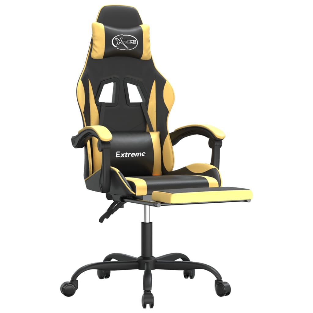 Swivel Gaming Chair with Footrest Black&Gold Faux Leather
