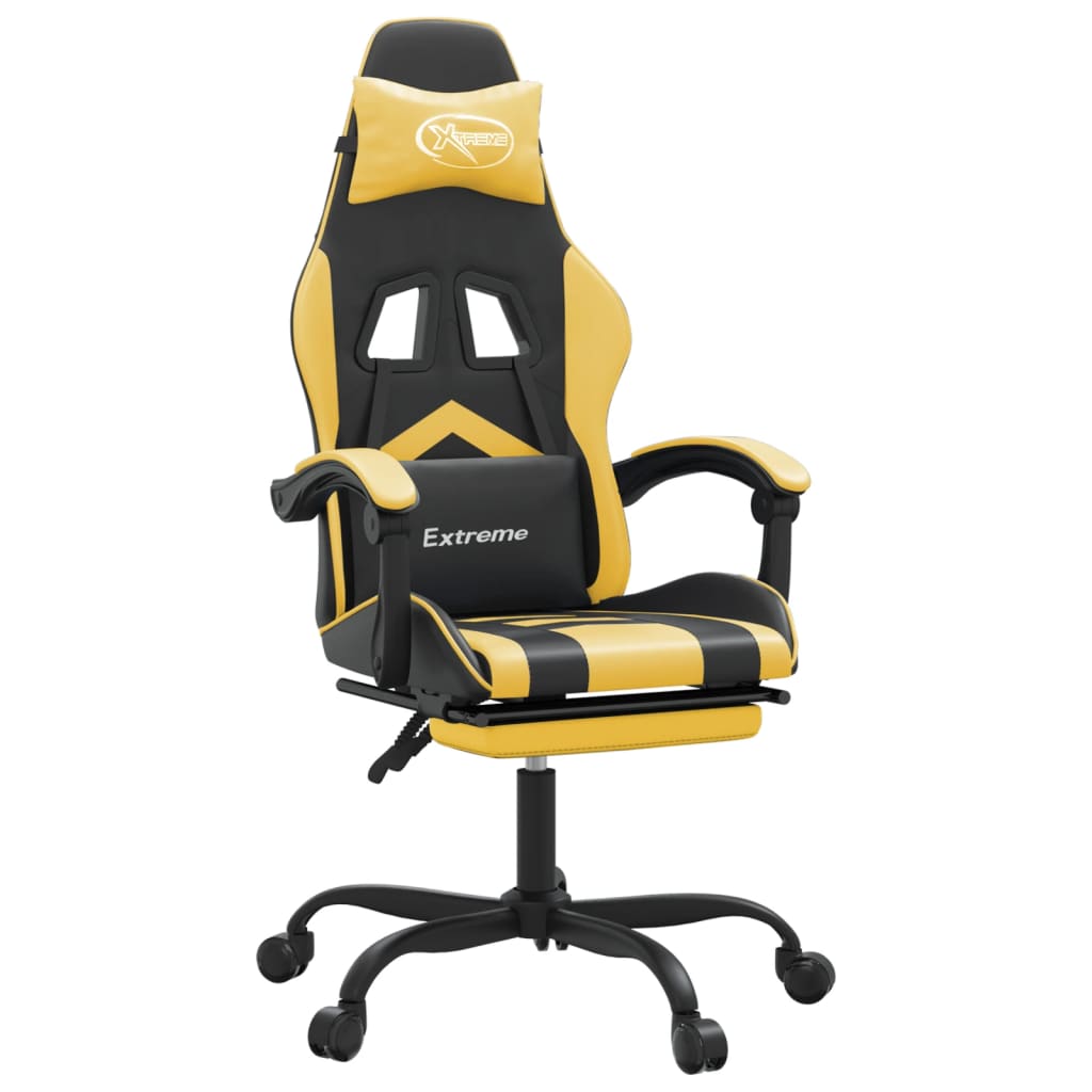 Swivel Gaming Chair with Footrest Black&Gold Faux Leather