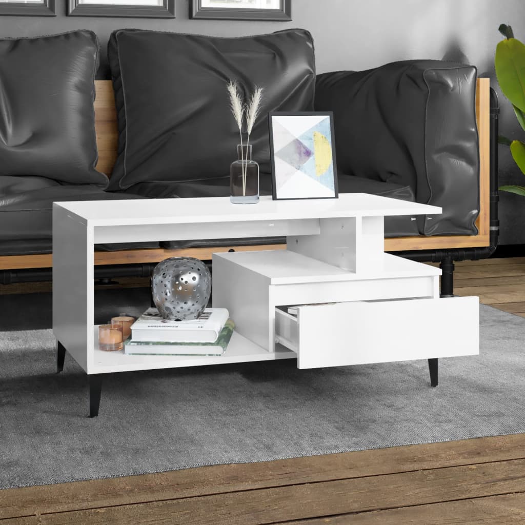 Coffee Table High Gloss White 90x49x45 cm Engineered Wood