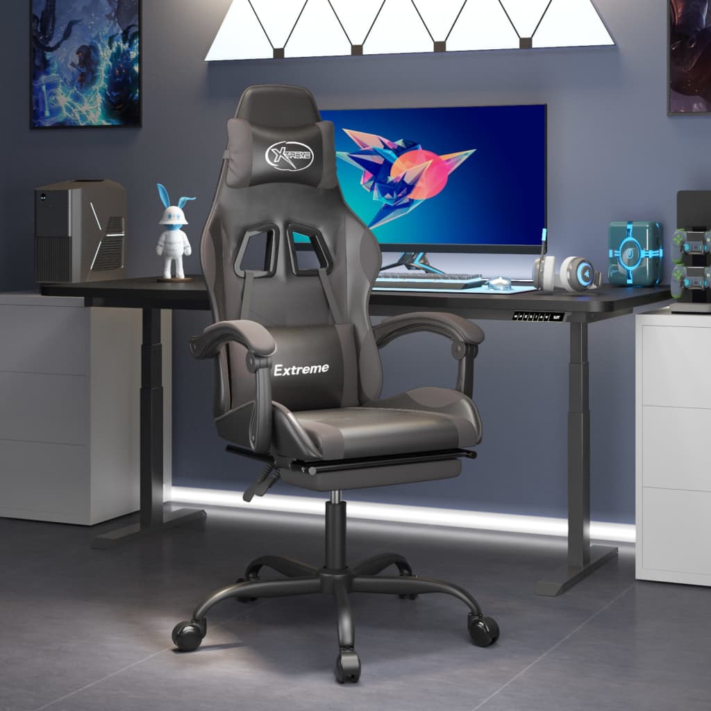 Gaming Chair with Footrest Black and Grey Faux Leather