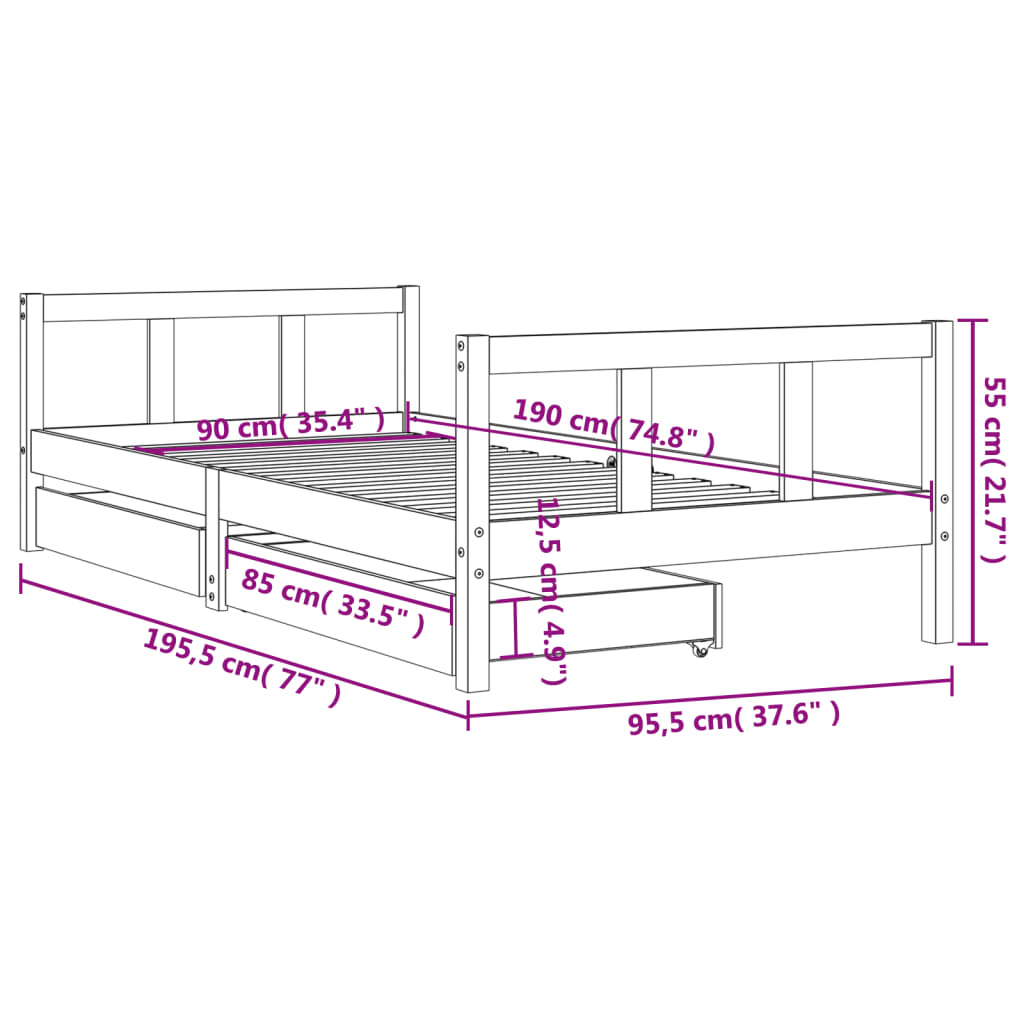 Kids Bed Frame with Drawers 90x190 cm Solid Wood Pine