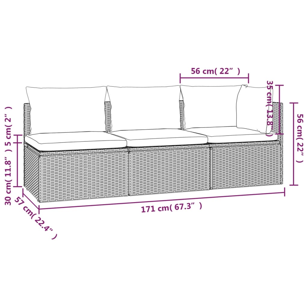 3 Piece Garden Lounge Set with Cushions Grey Poly Rattan