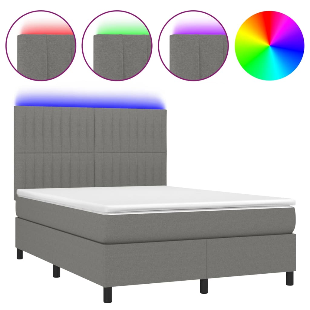 Box Spring Bed with Mattress&LED Dark Grey 137x190 cm Double Fabric