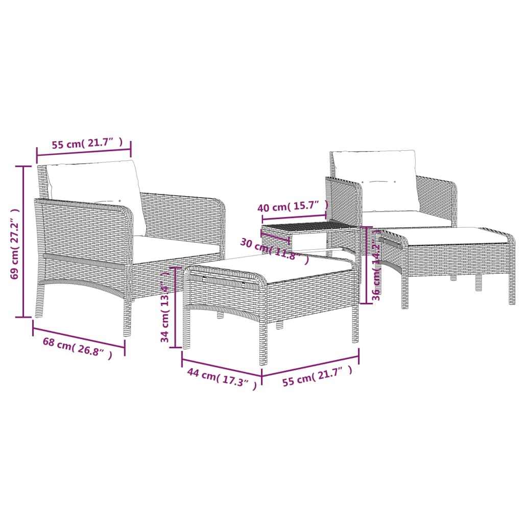 5 Piece Garden Lounge Set with Cushions Black Poly Rattan