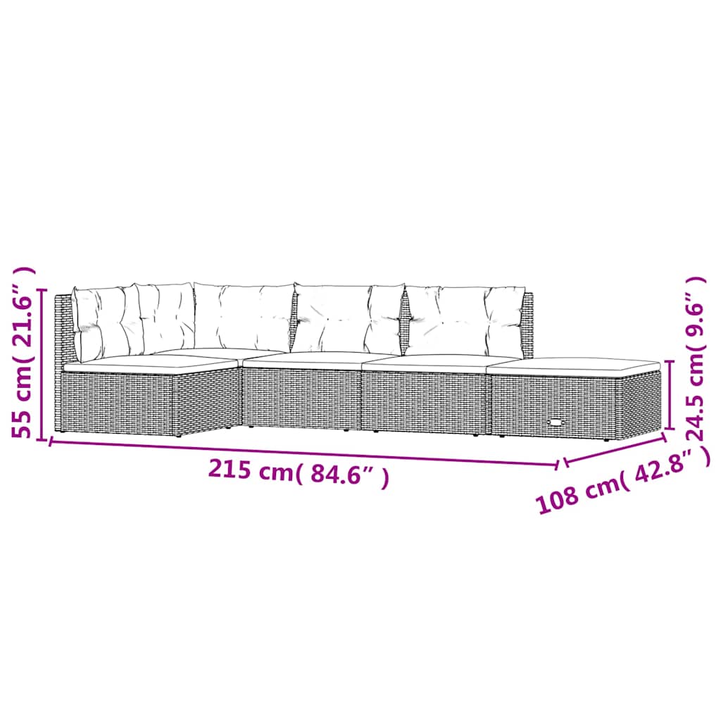 5 Piece Garden Lounge Set with Cushions Black Poly Rattan