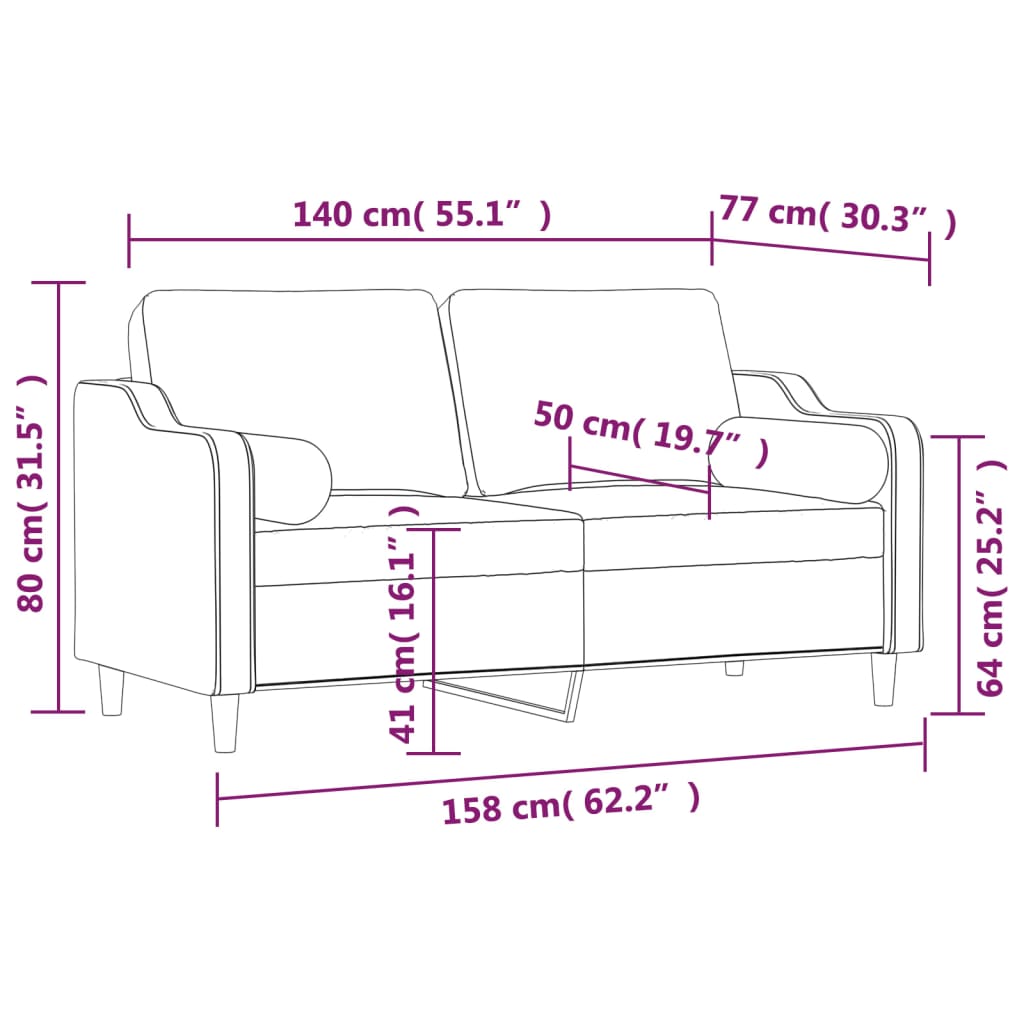 2-Seater Sofa with Pillows&Cushions Black 140 cm Fabric