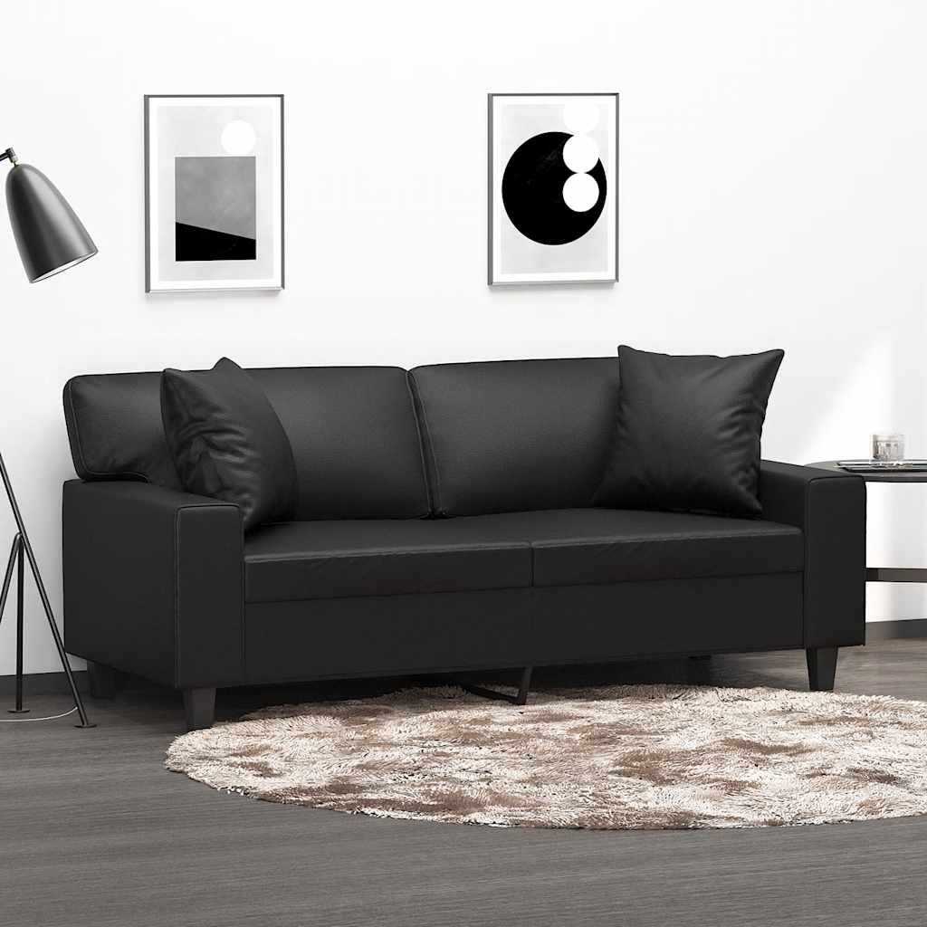 2-Seater Sofa with Pillows&Cushions Black 140 cm Faux Leather