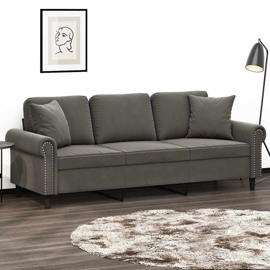 3-Seater Sofa with Pillows&Cushions Dark Grey 180 cm Velvet