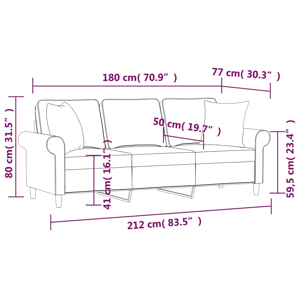 3-Seater Sofa with Pillows&Cushions Dark Grey 180 cm Fabric