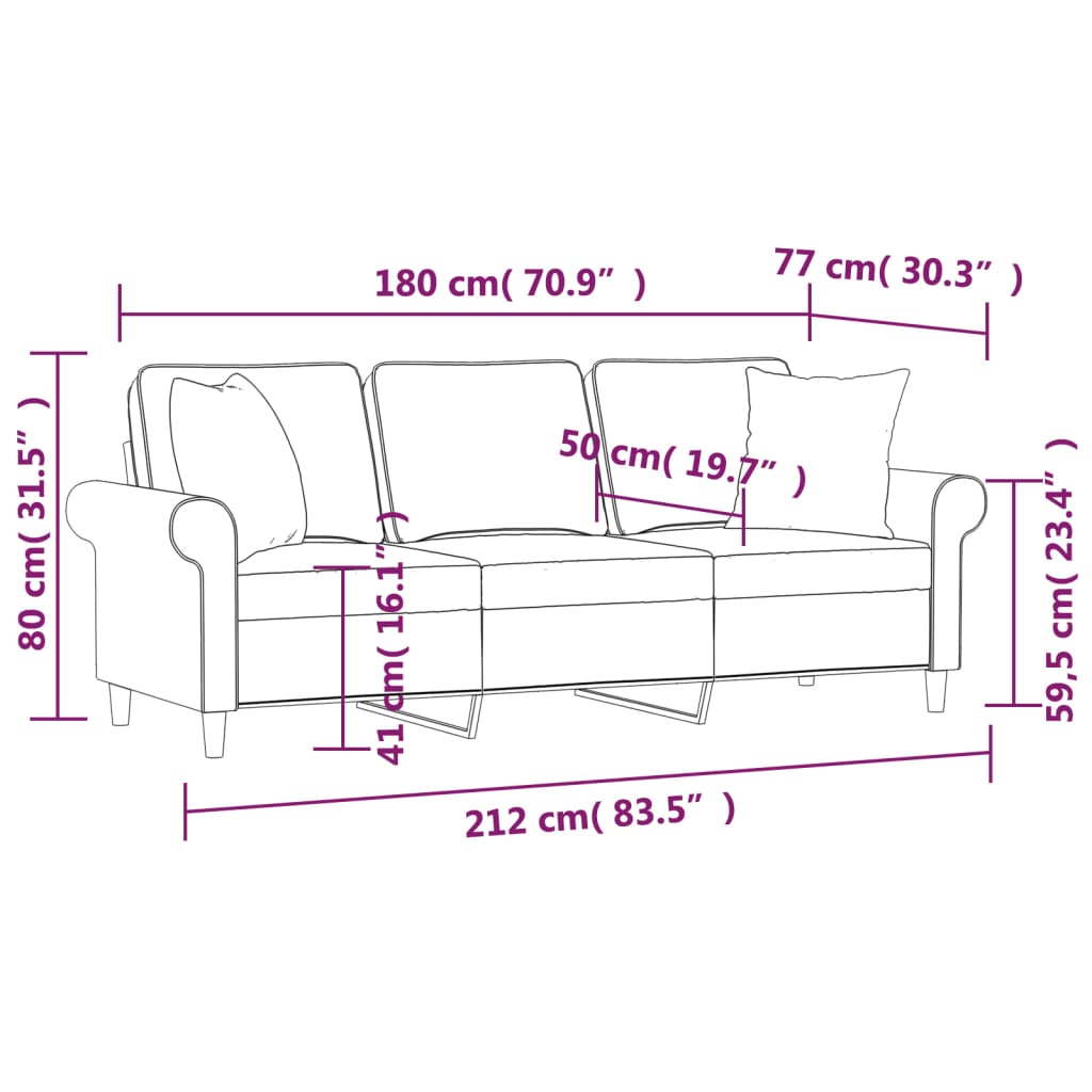 3-Seater Sofa with Pillows&Cushions Black 180 cm Fabric