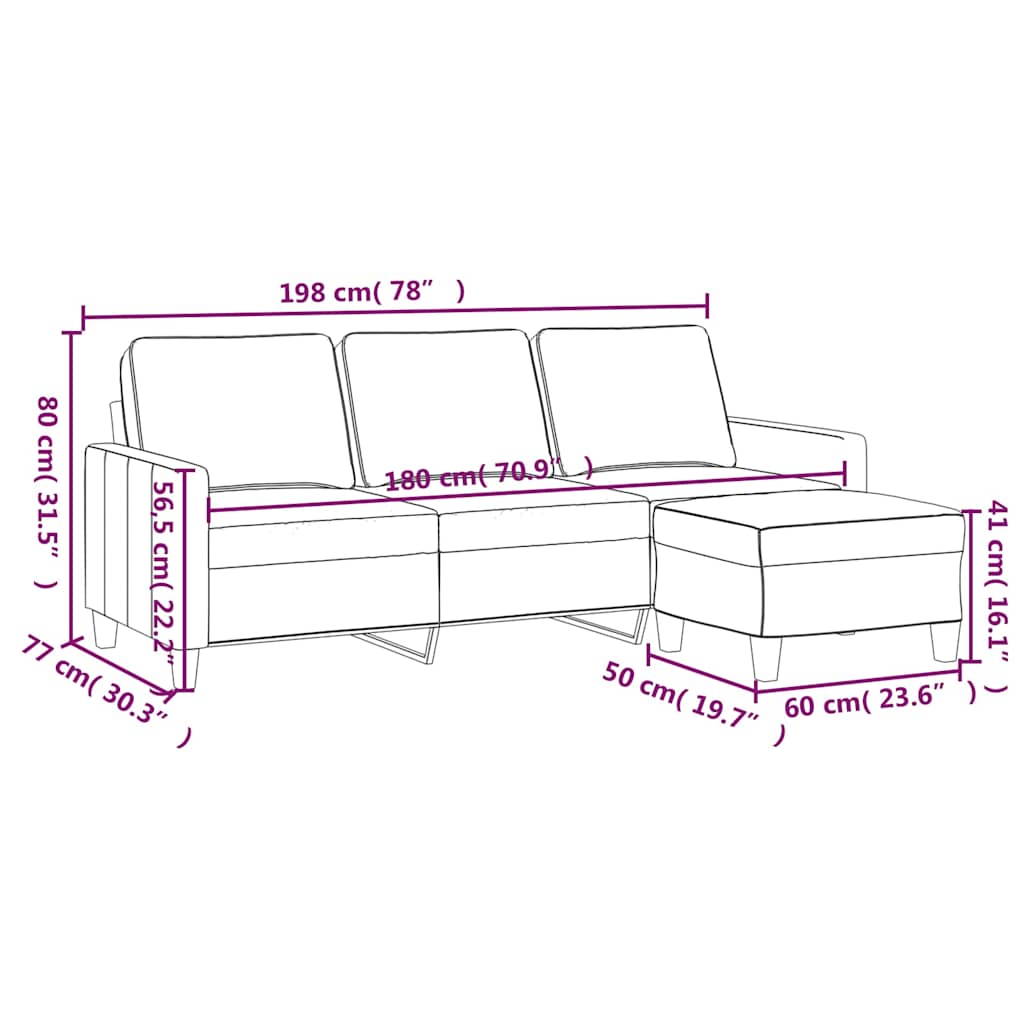 3-Seater sofa with footstool Light Grey 180 cm Fabric