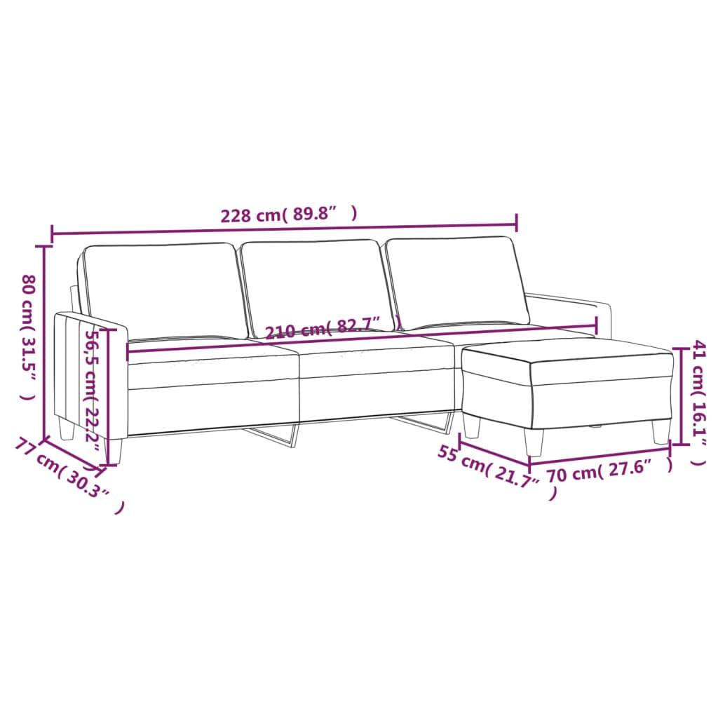 3-Seater Sofa with Footstool Black 210 cm Fabric