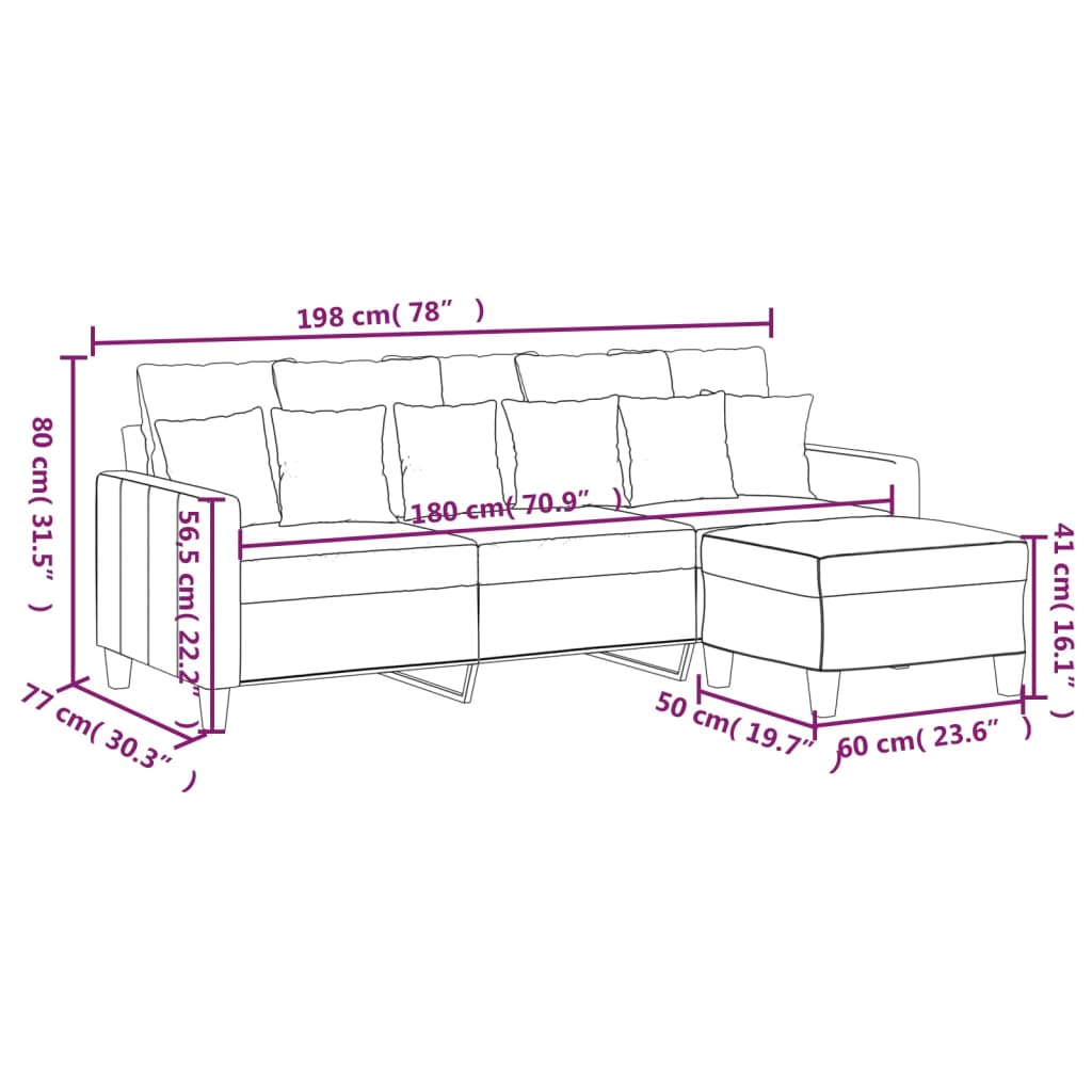 3-Seater Sofa with Footstool Black 180 cm Fabric