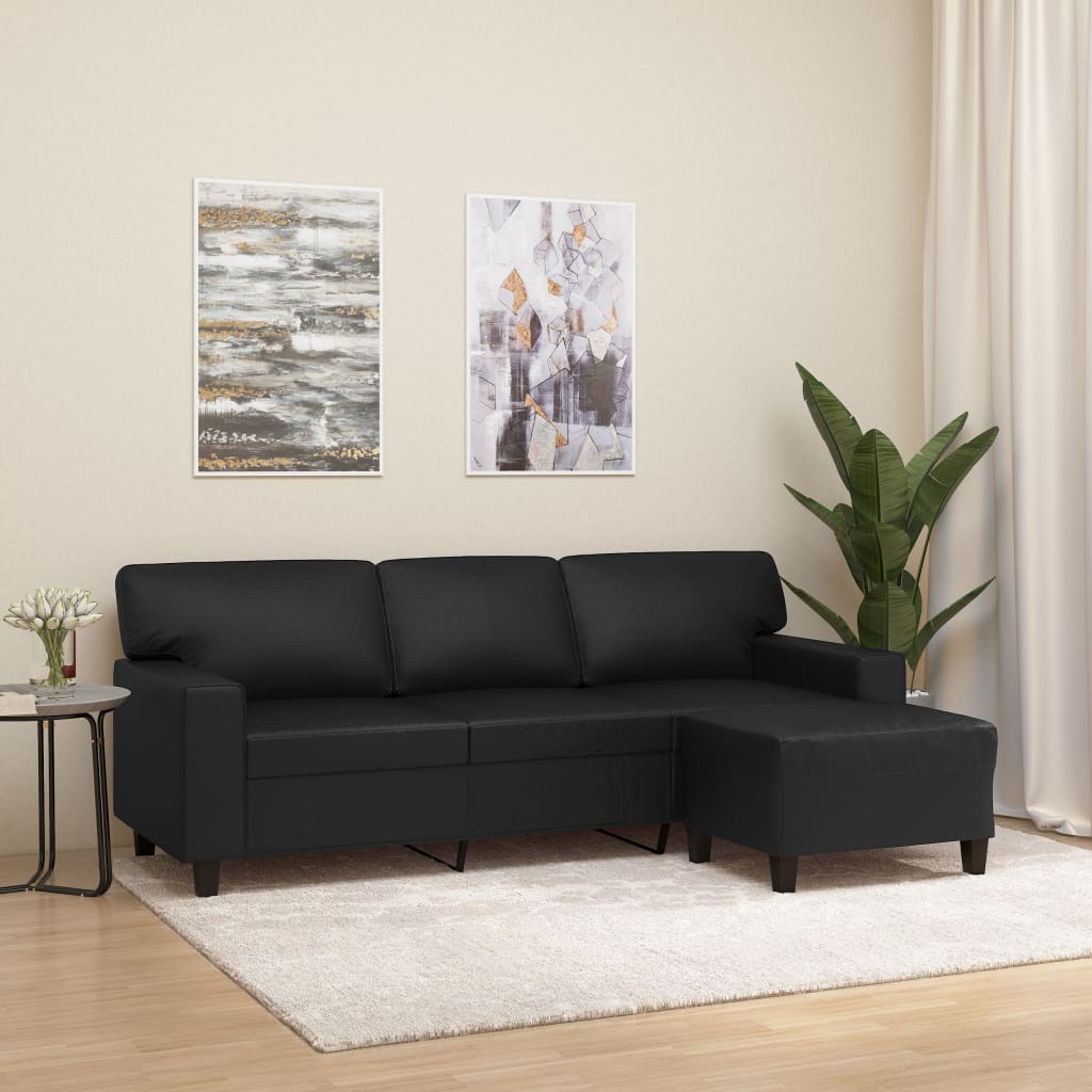 3-Seater Sofa with Footstool Black 180 cm Faux Leather