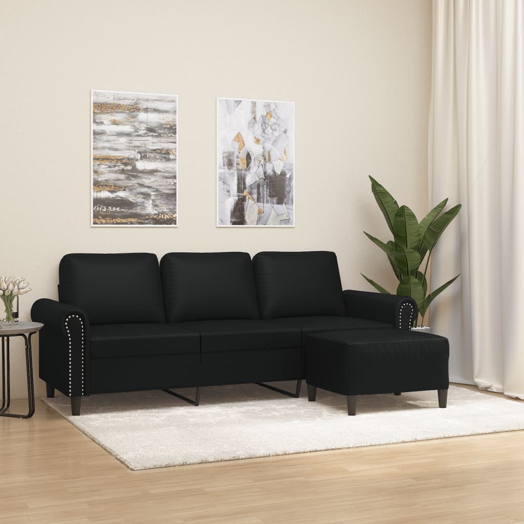 3-Seater Sofa with Footstool Black 180 cm Faux Leather