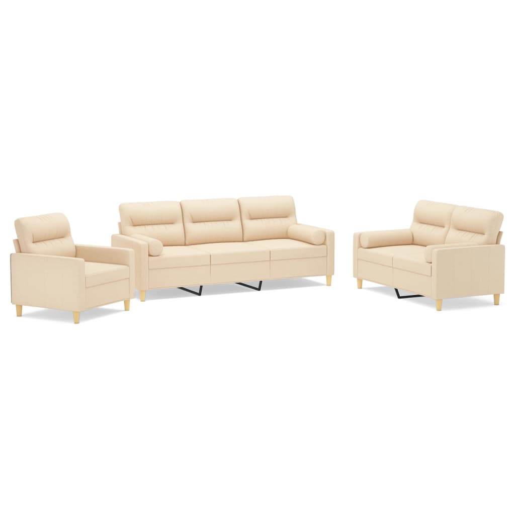 3 Piece Sofa Set with Throw Pillows&Cushions Cream Fabric
