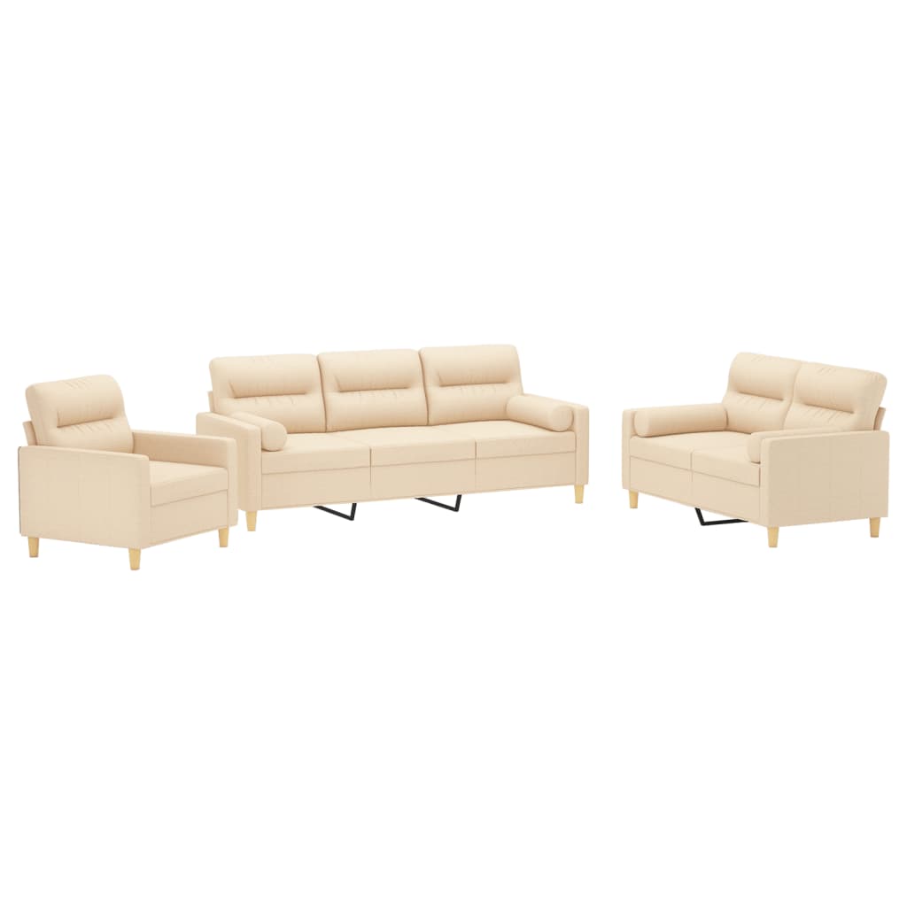 3 Piece Sofa Set with Throw Pillows&Cushions Cream Fabric