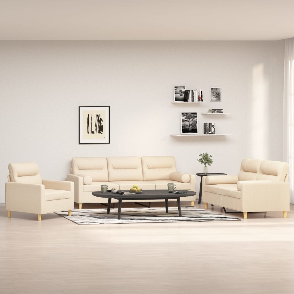 3 Piece Sofa Set with Throw Pillows&Cushions Cream Fabric