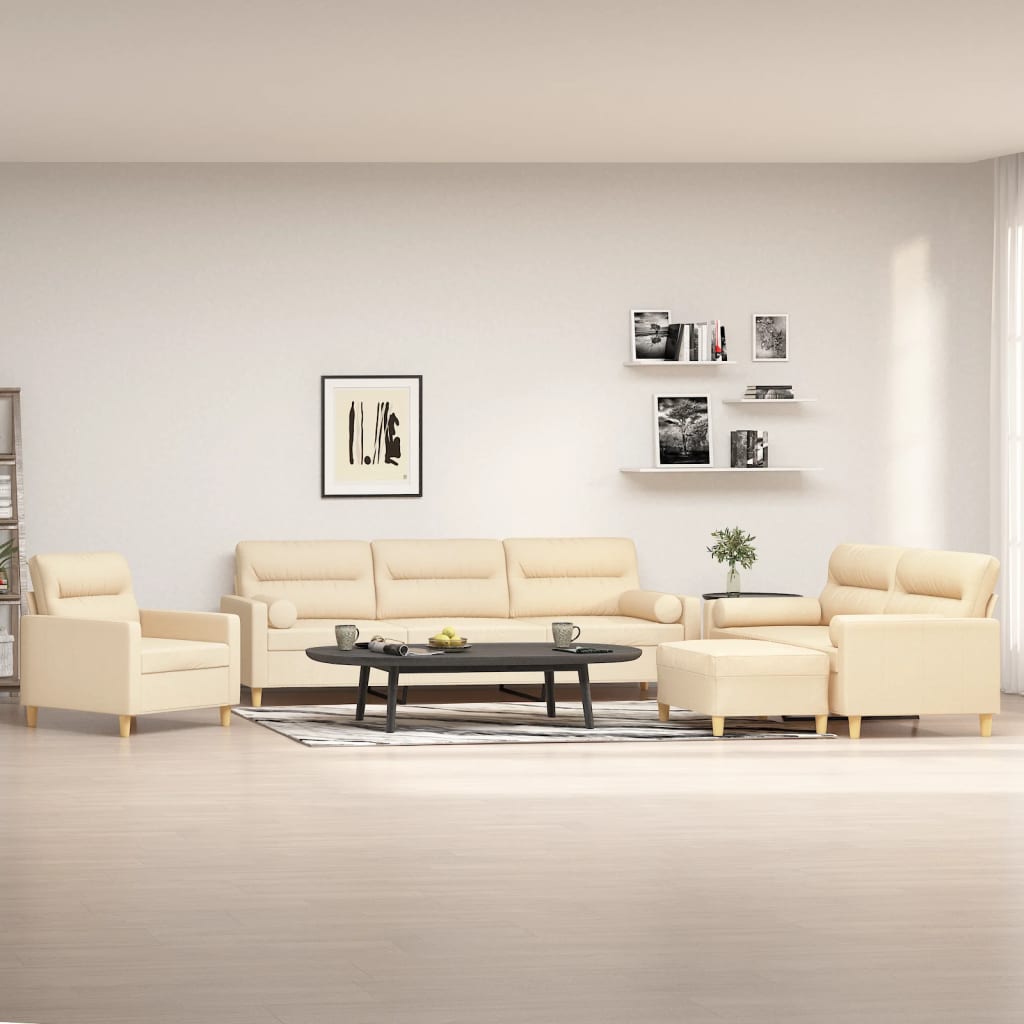 4 Piece Sofa Set with Throw Pillows&Cushions Cream Fabric