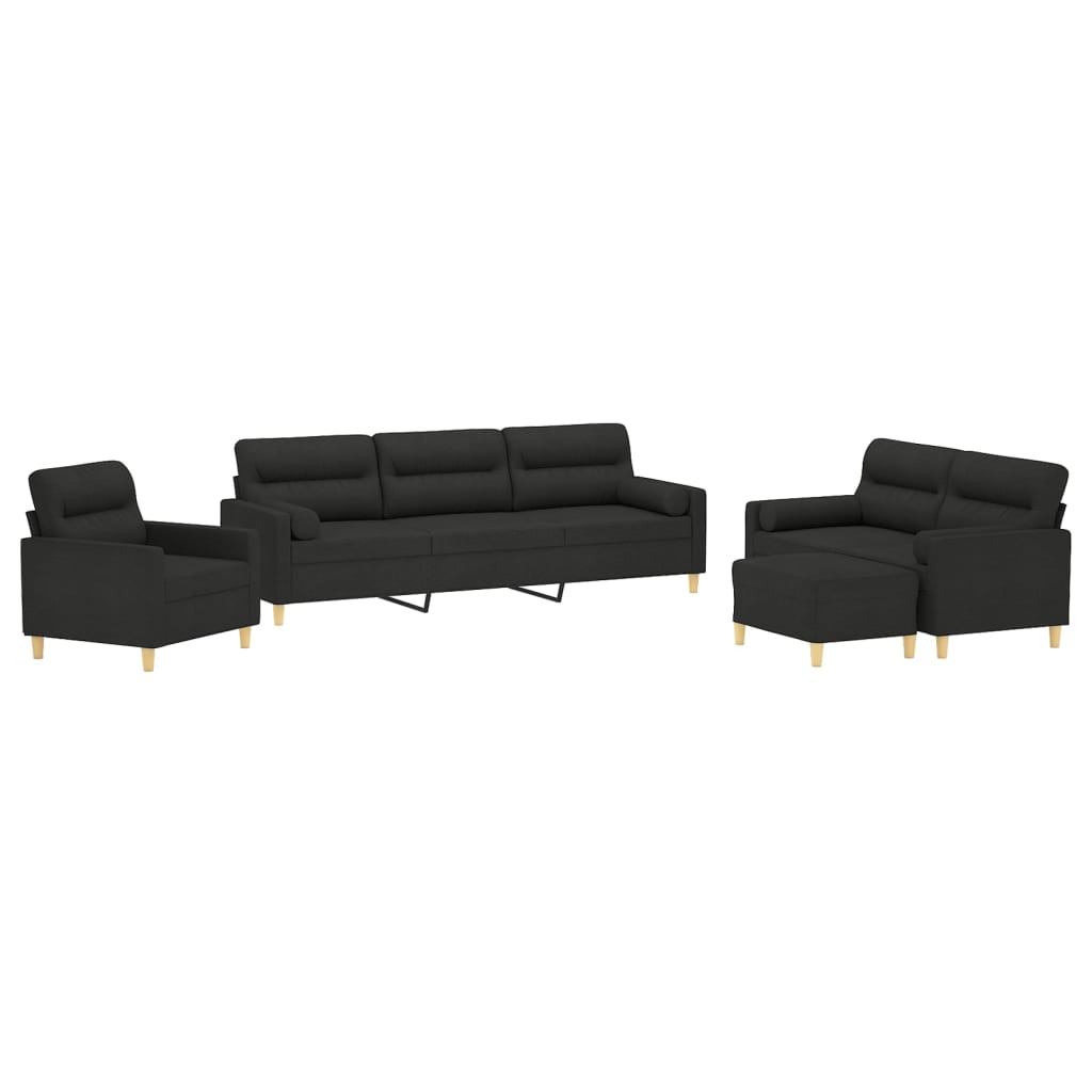 4 Piece Sofa Set with Throw Pillows&Cushions Black Fabric