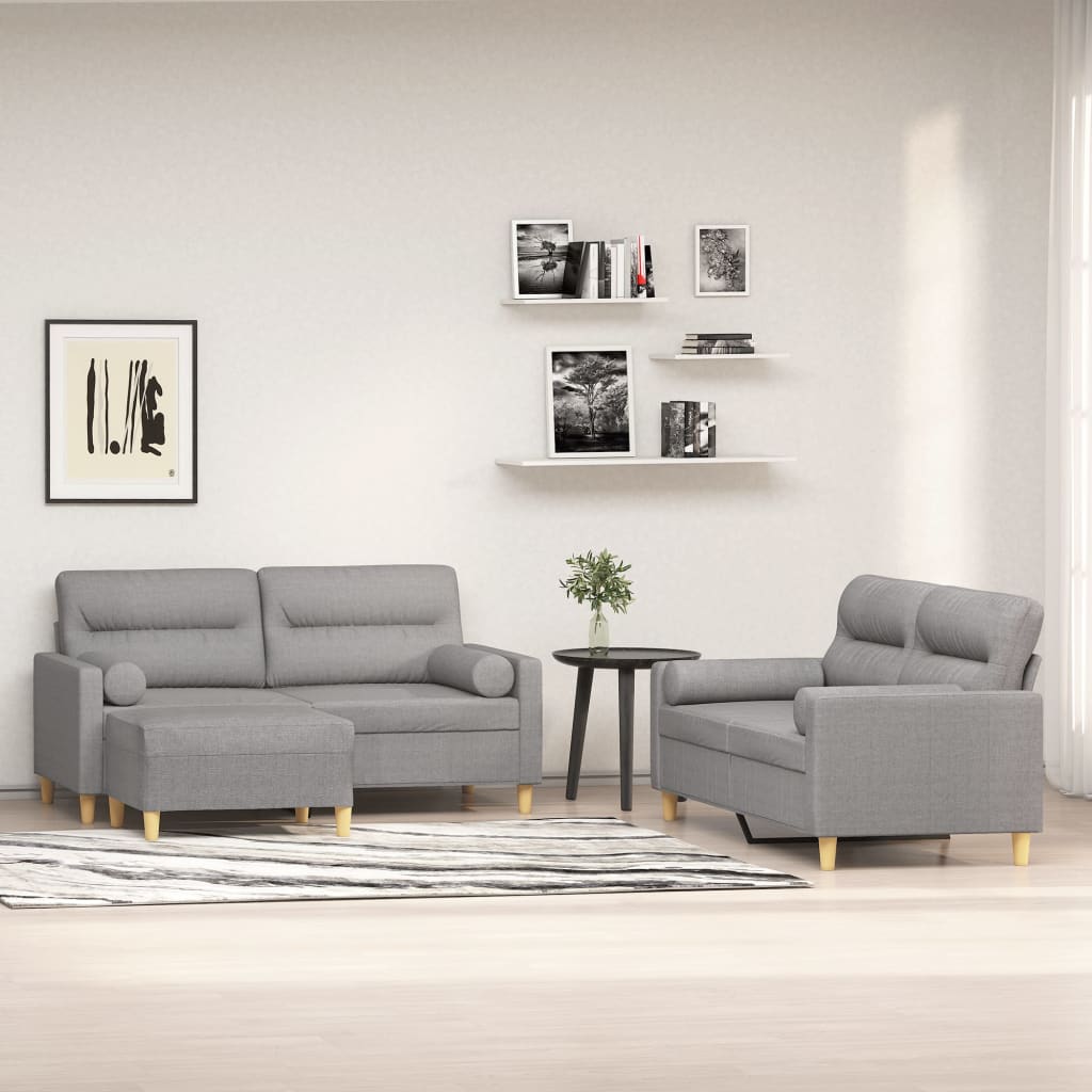 3 Piece Sofa Set with Throw Pillows&Cushions Light Grey Fabric