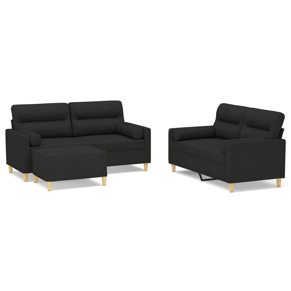 3 Piece Sofa Set with Throw Pillows&Cushions Black Fabric