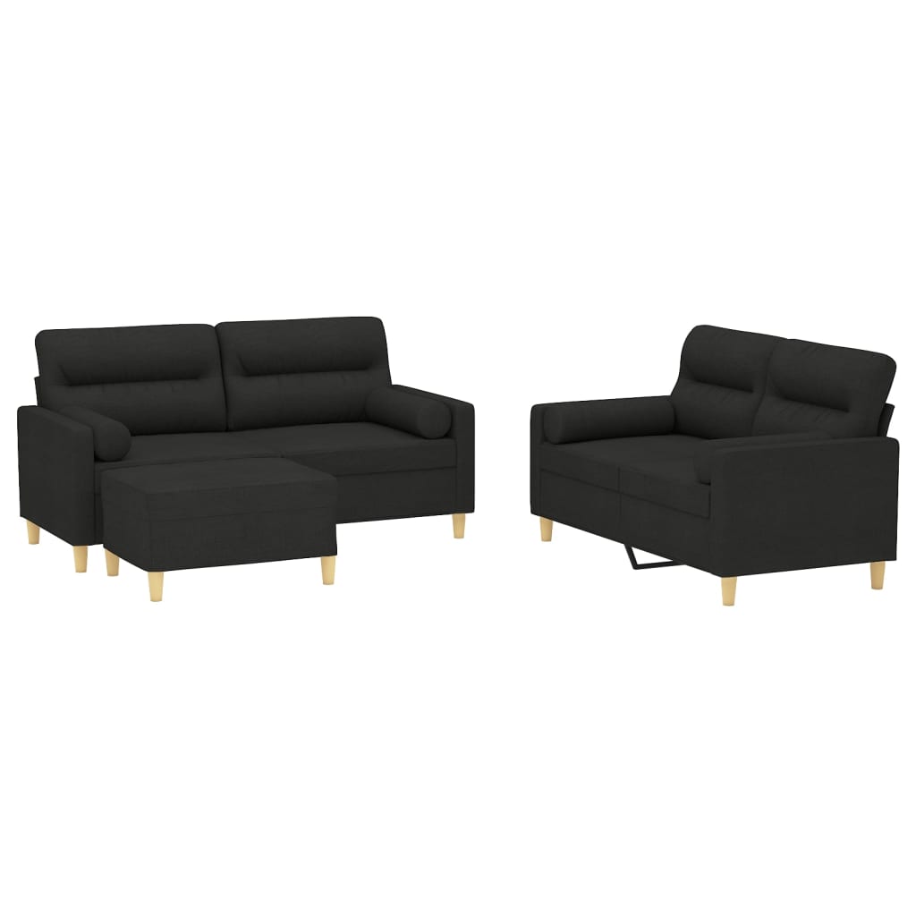 3 Piece Sofa Set with Throw Pillows&Cushions Black Fabric