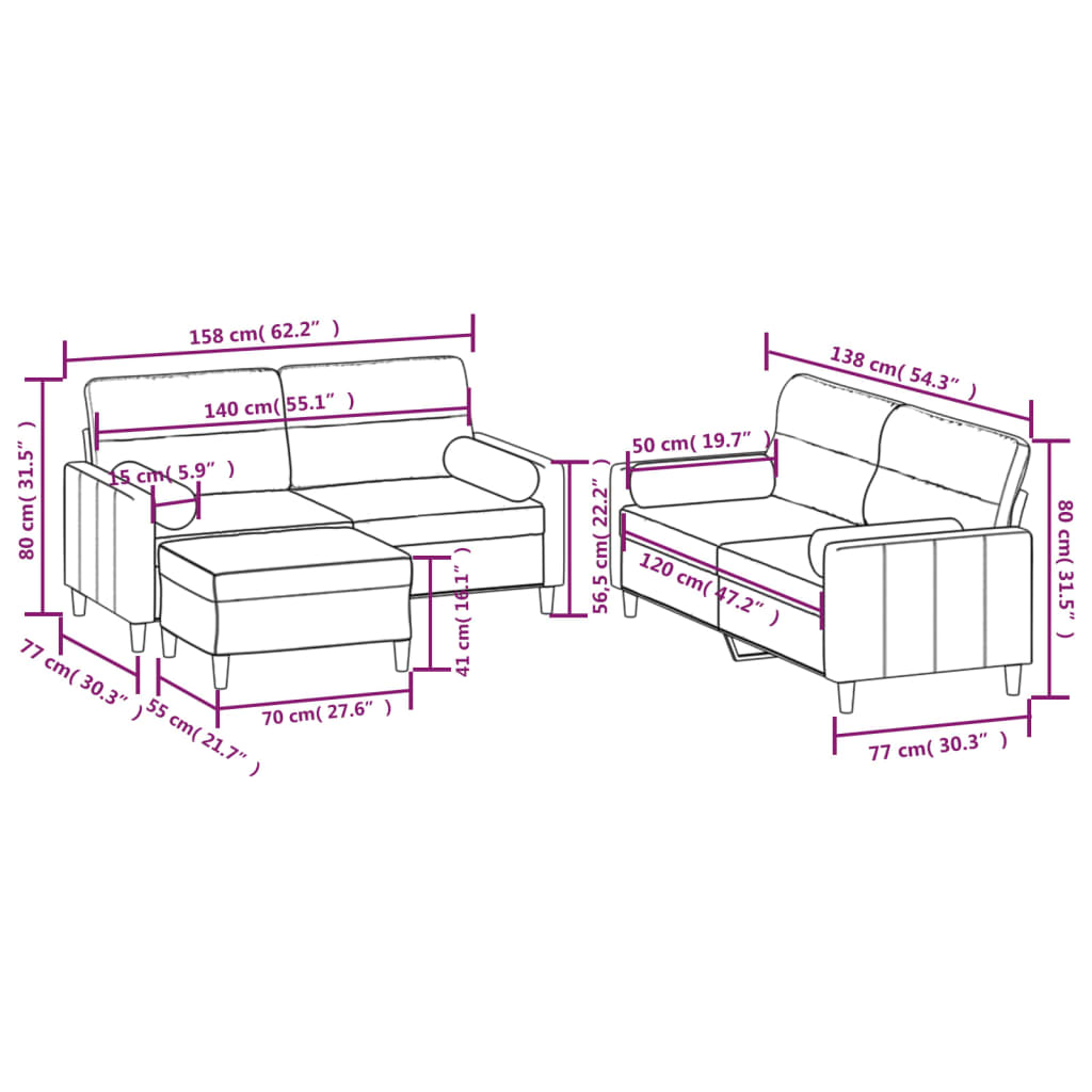 3 Piece Sofa Set with Throw Pillows&Cushions Black Fabric