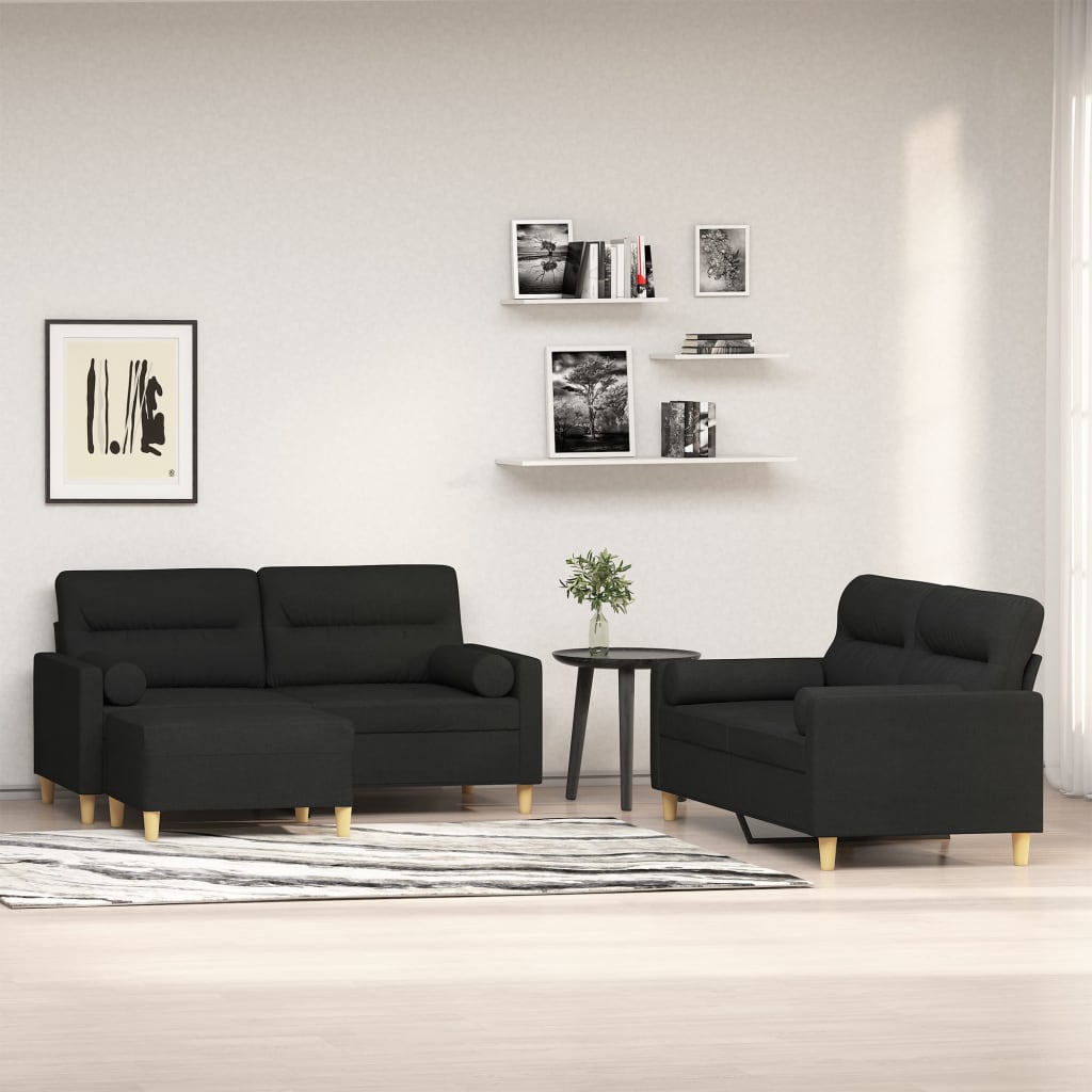 3 Piece Sofa Set with Throw Pillows&Cushions Black Fabric