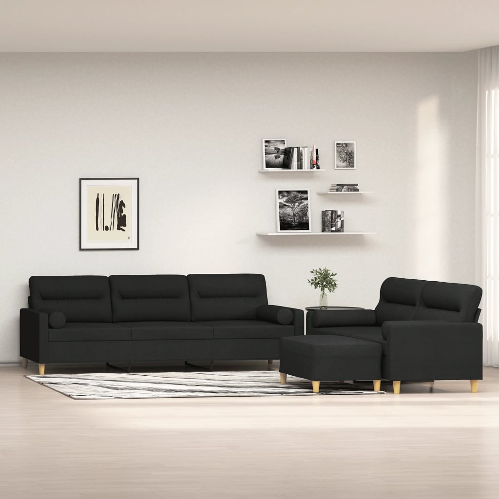 3 Piece Sofa Set with Throw Pillows&Cushions Black Fabric