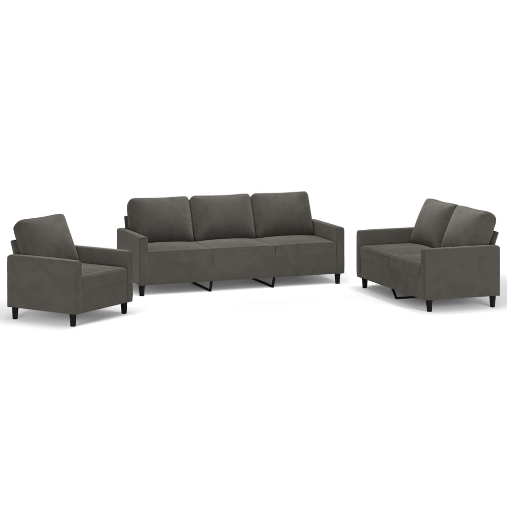 3 Piece Sofa Set with Cushions Dark Grey Velvet