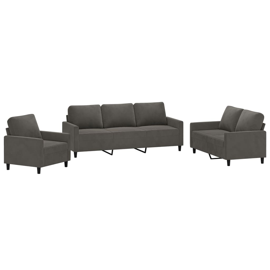 3 Piece Sofa Set with Cushions Dark Grey Velvet