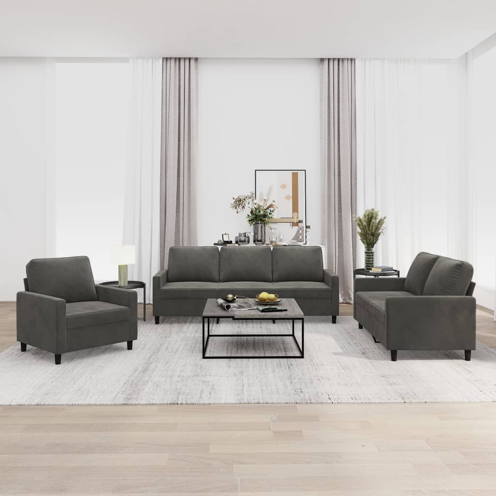 3 Piece Sofa Set with Cushions Dark Grey Velvet