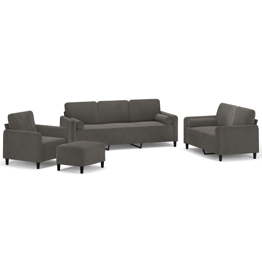 4 Piece Sofa Set with Throw Pillows&Cushions Dark Grey Velvet