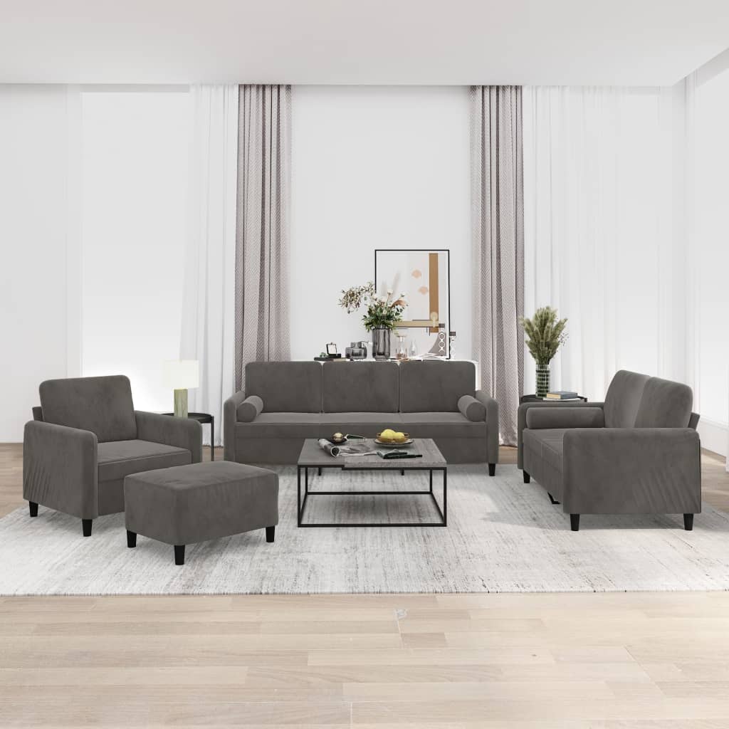 4 Piece Sofa Set with Throw Pillows&Cushions Dark Grey Velvet