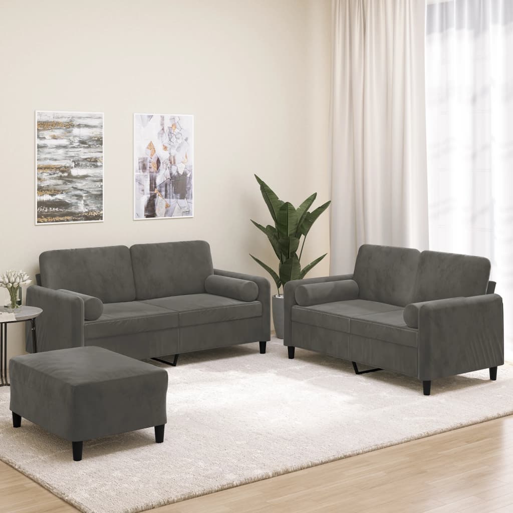 3 Piece Sofa Set with Throw Pillows&Cushions Dark Grey Velvet