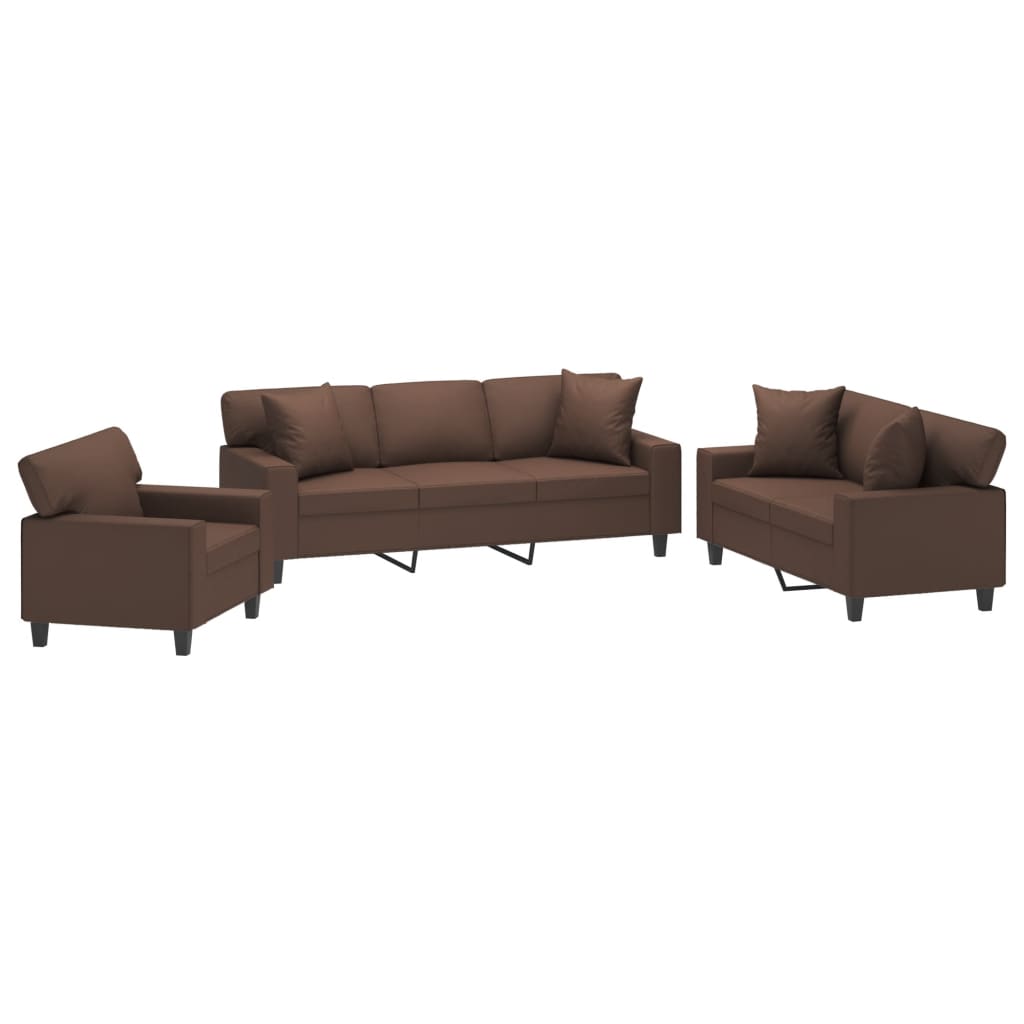 3 Piece Sofa Set with Pillows&Cushions Brown Faux Leather
