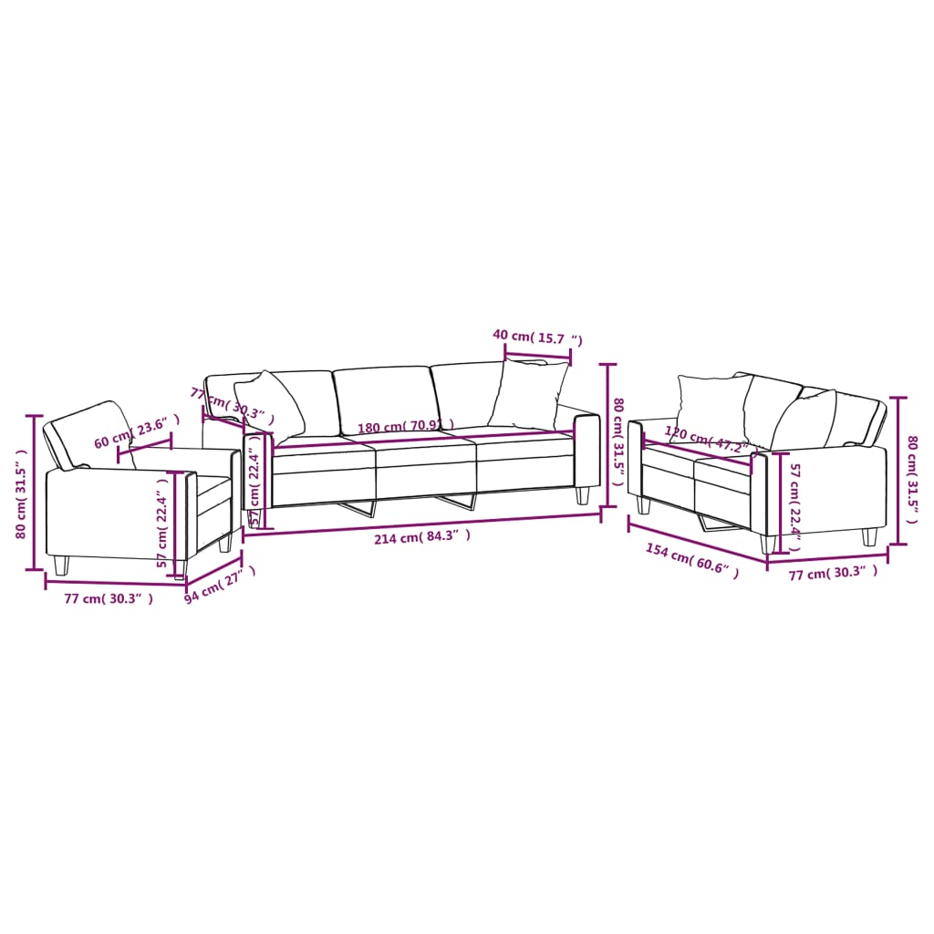 3 Piece Sofa Set with Pillows&Cushions Brown Faux Leather