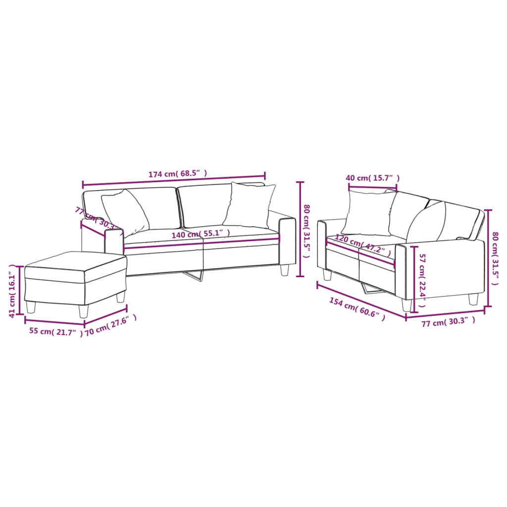 3 Piece Sofa Set with Pillows&Cushions Brown Faux Leather