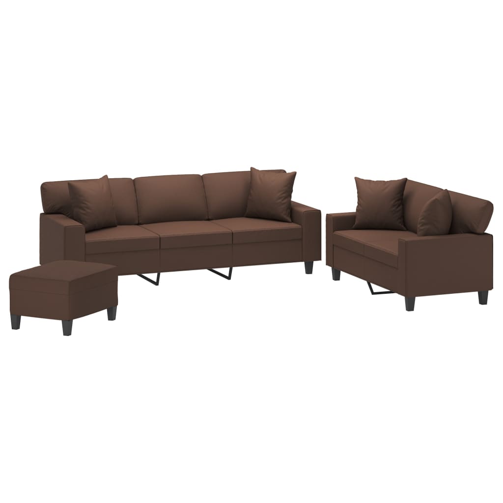 3 Piece Sofa Set with Pillows&Cushions Brown Faux Leather