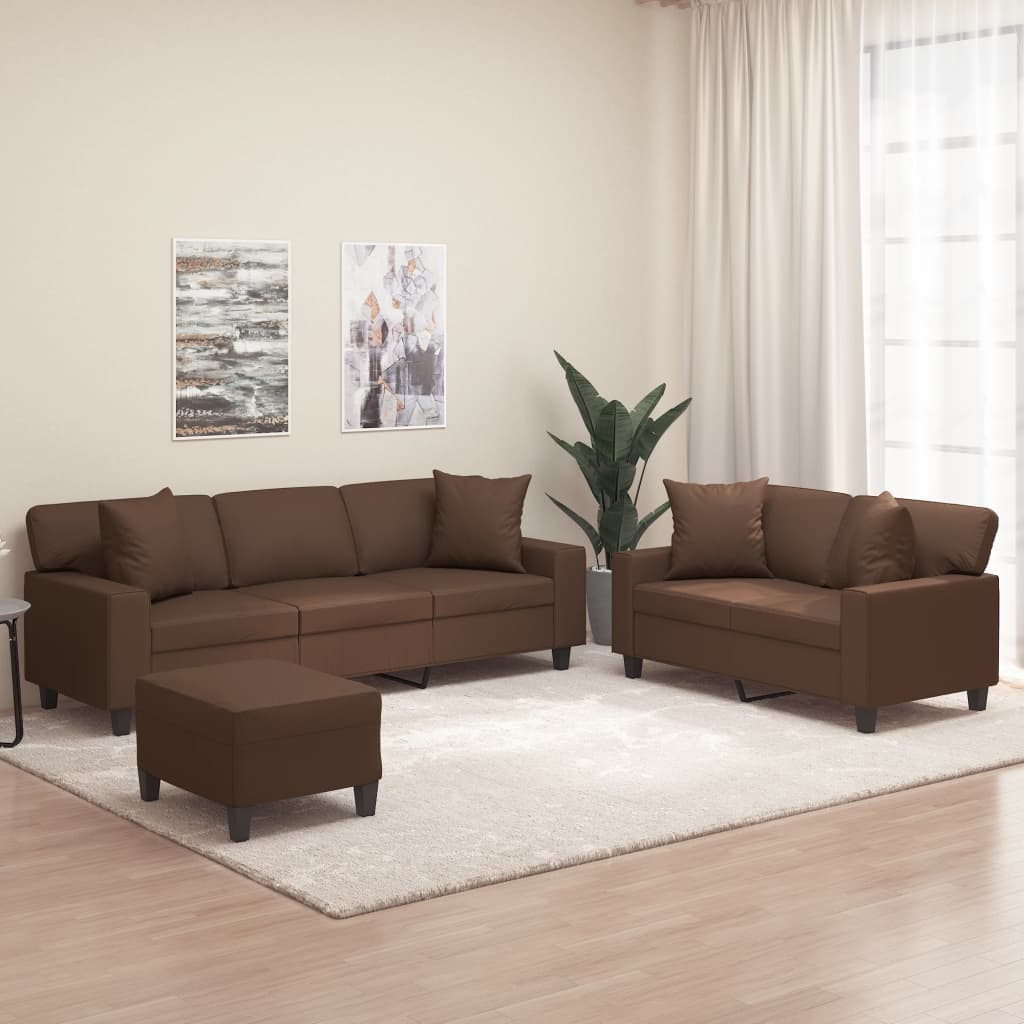 3 Piece Sofa Set with Pillows&Cushions Brown Faux Leather