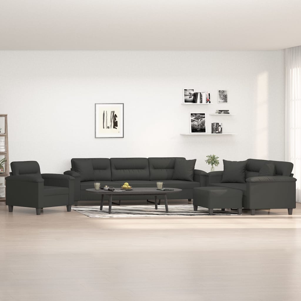 4 Piece Sofa Set with Pillows Dark Grey Microfibre Fabric