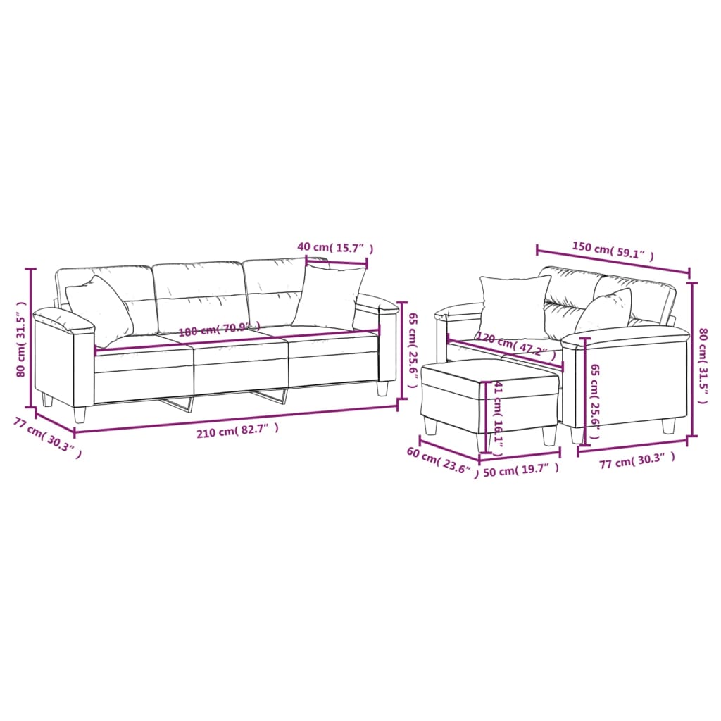 3 Piece Sofa Set with Pillows Dark Grey Microfibre Fabric