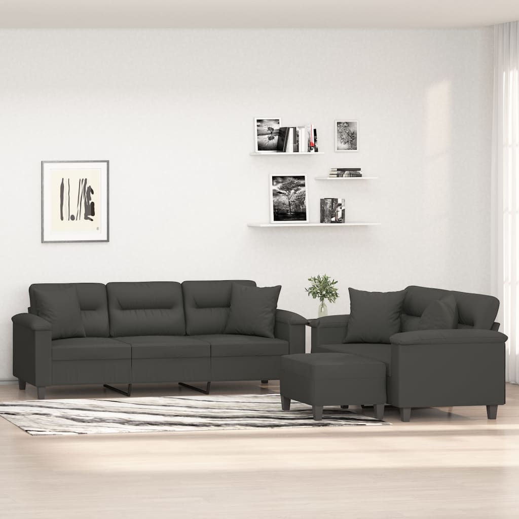 3 Piece Sofa Set with Pillows Dark Grey Microfibre Fabric