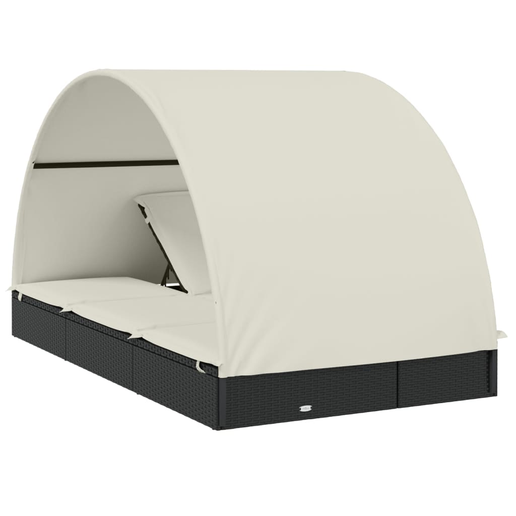 2-Person Sunbed with Round Roof Black 211x112x140cm Poly Rattan